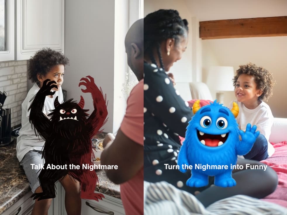A child and parent imagine a playful new ending for a scary dream during the day.
